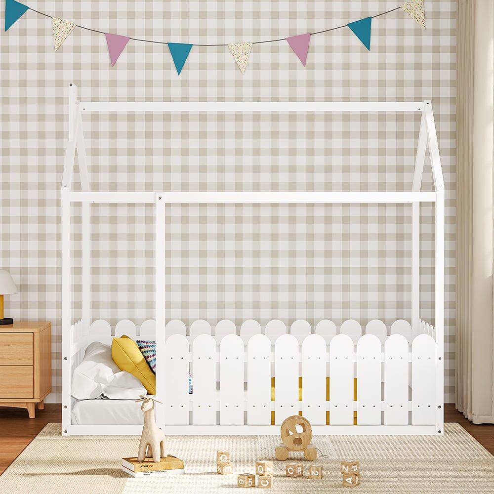 Solid Wooden House Bed Frame Low Toddler Bed with Fence and Roof Bed Frames Living and Home 