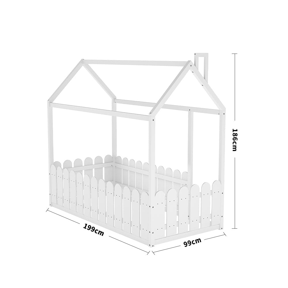 Solid Wooden House Bed Frame Low Toddler Bed with Fence and Roof Bed Frames Living and Home 