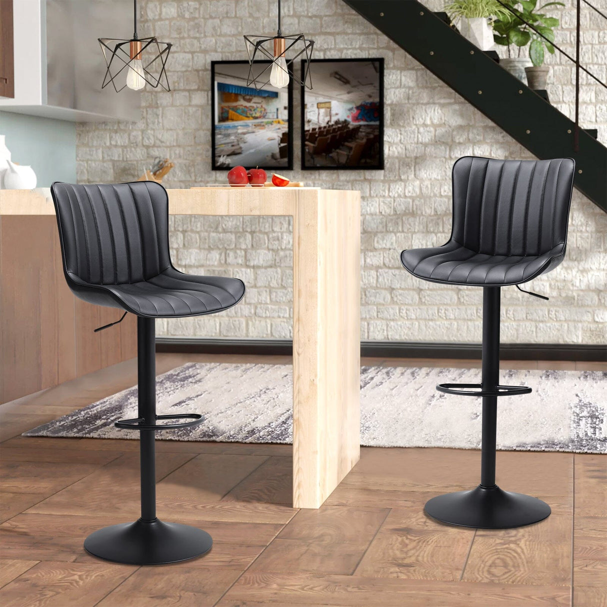 Set of 2 Bar Stools with Black Leather Swivel Adjustable Height Bar Stools Living and Home 