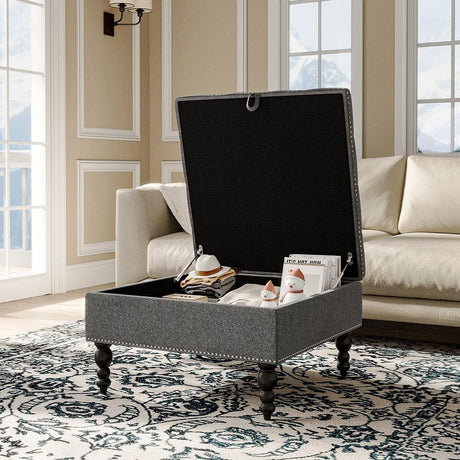 Square Linen Tufted Upholstered Ottoman with Storage Storage Footstools & Benches Living and Home 