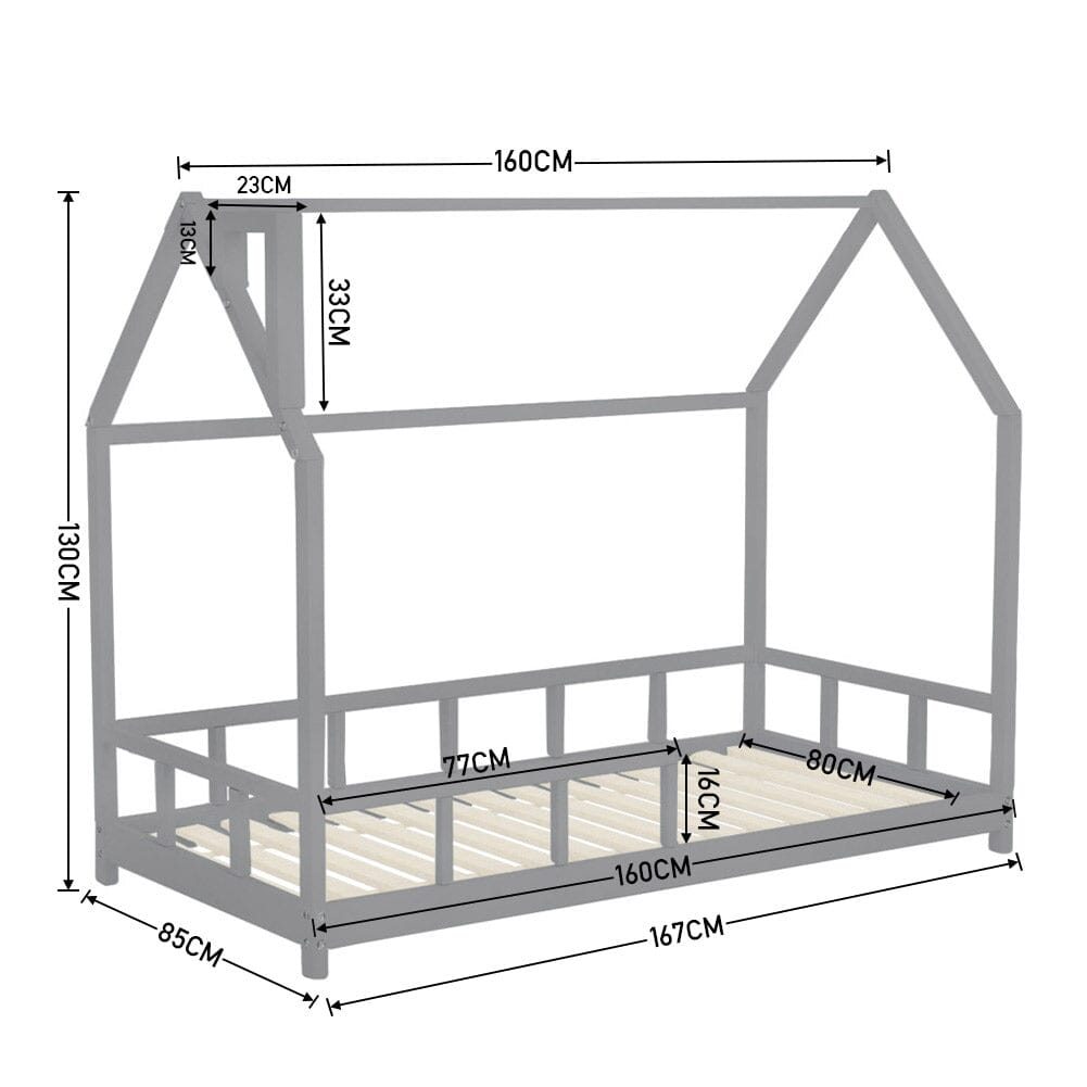 80X160CM Grey Wooden Single House Bed for Kids Bed Frames Living and Home 