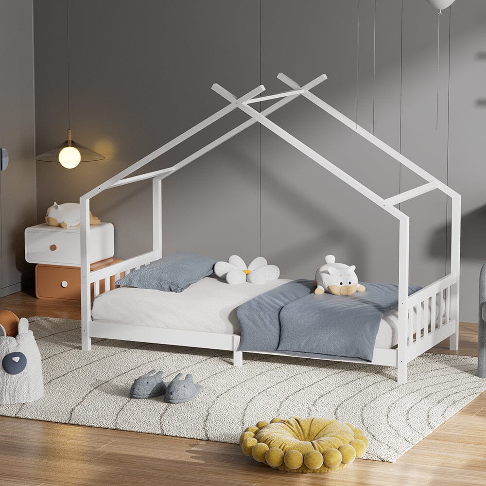 Nordic Style Pine Wood Bed Frame Toddler Kid Single Bed with Roof Bed Frames Living and Home 