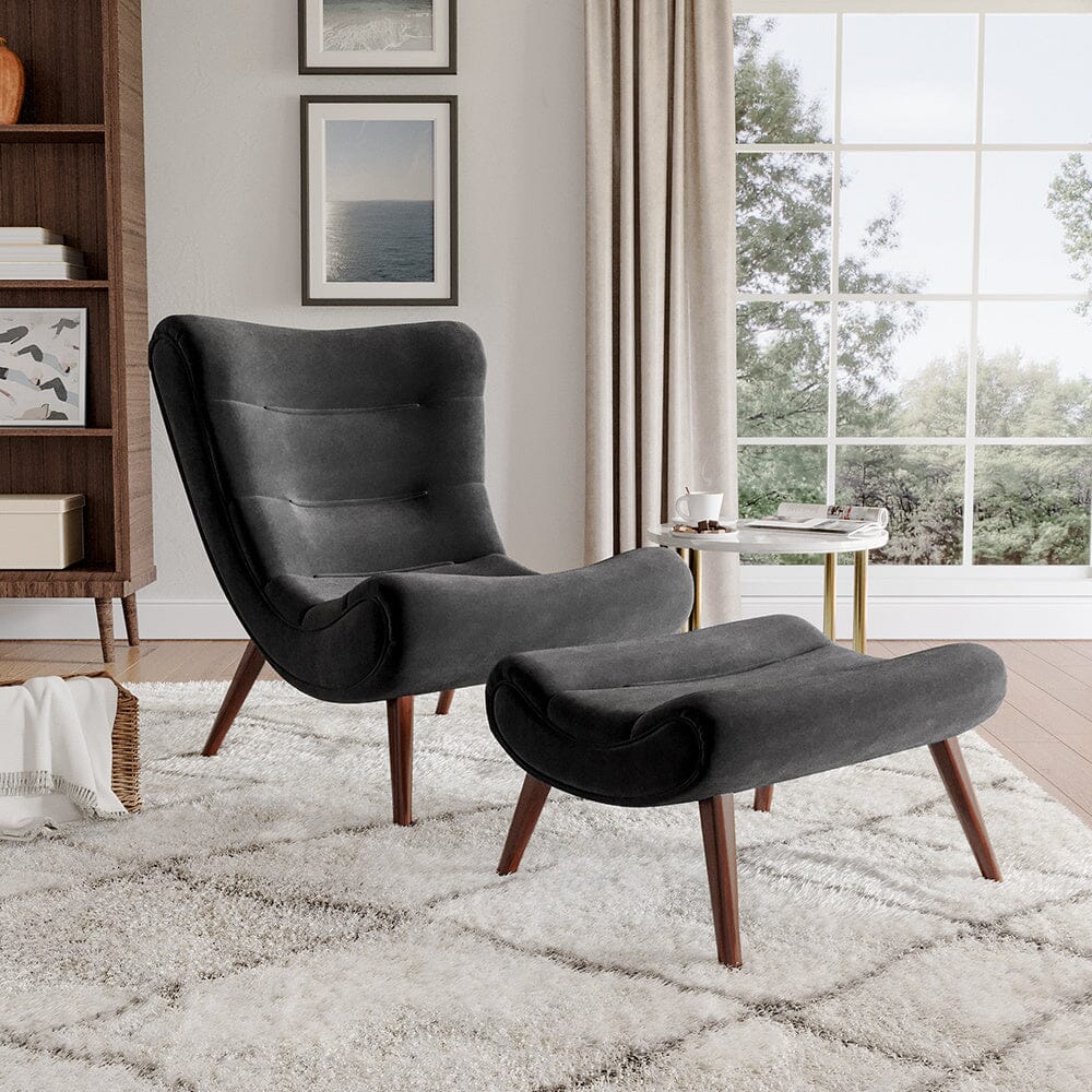 Black Modern Curved Velvet Lounge Chair with Footstool Lounge Chairs Living and Home 