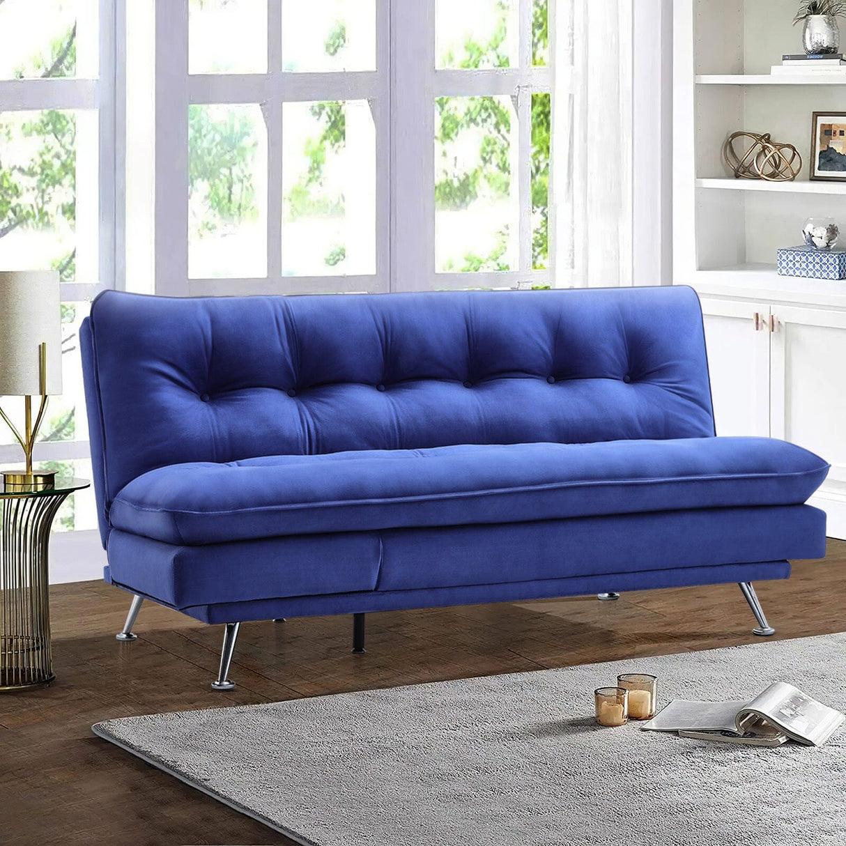 Modern 3-Seater Linen Fabric Sofa Bed with Cushions and 2 Pillows Sofa Beds Living and Home Blue 