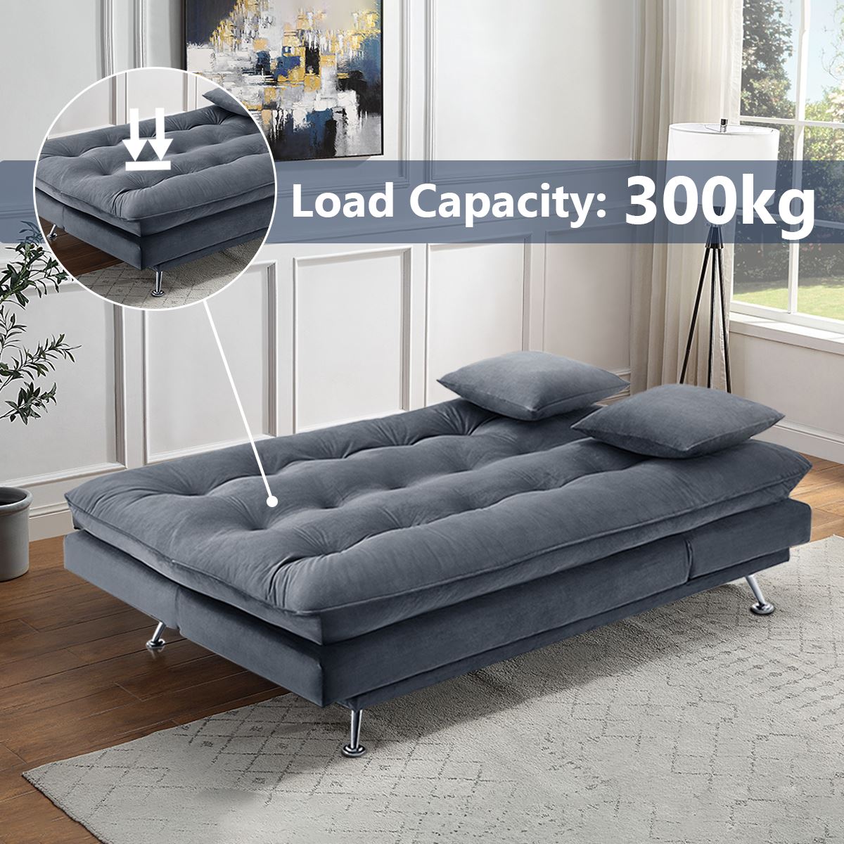 Modern 3-Seater Linen Fabric Sofa Bed with Cushions and 2 Pillows Sofa Beds Living and Home 