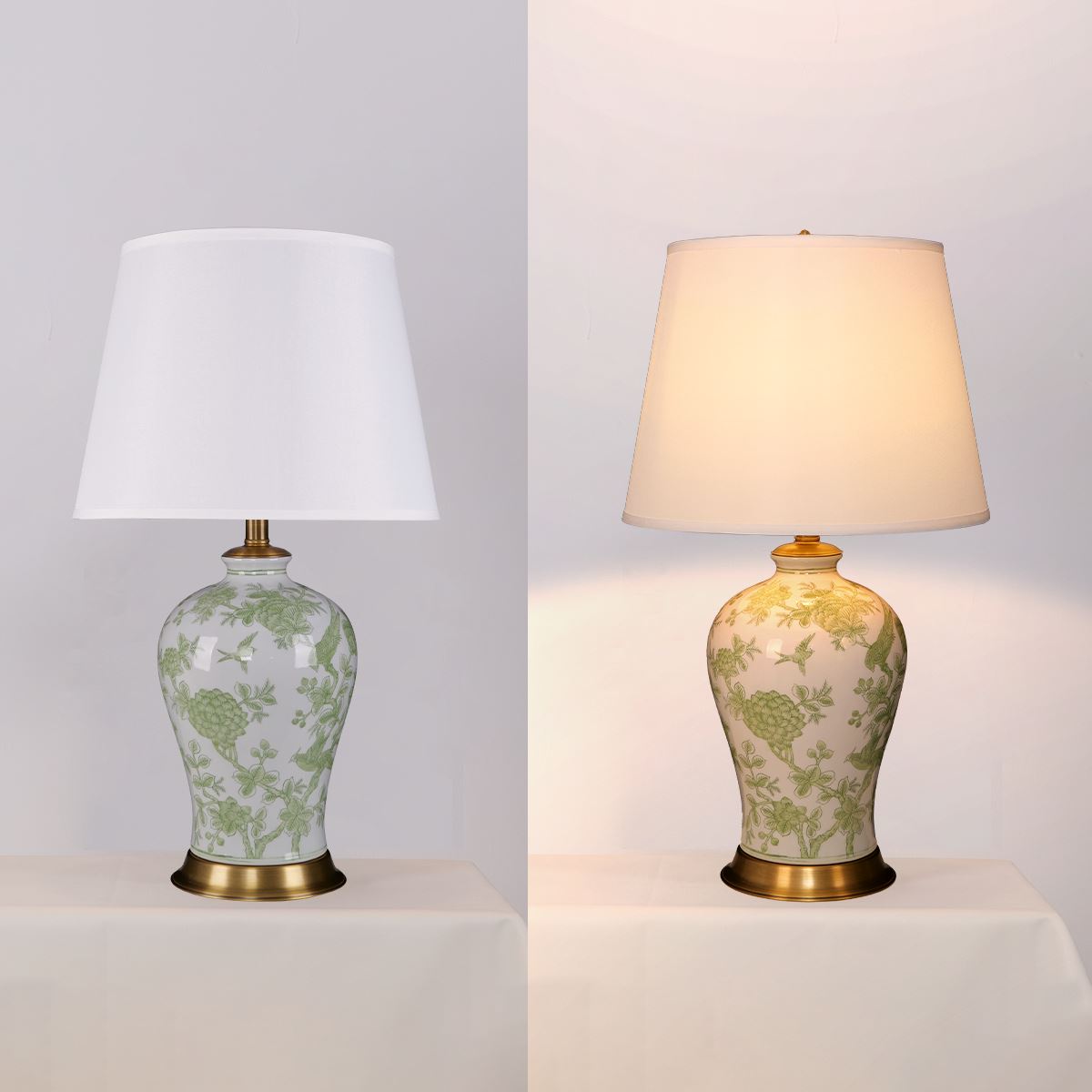 Green Floral Ceramic Table Lamp with Copper Base and Fabric Shade Lightsin UK 