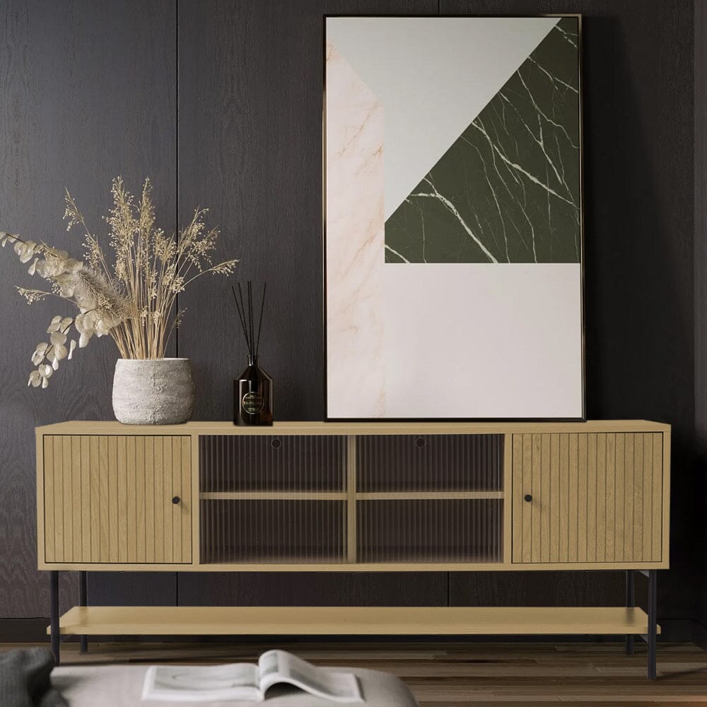 Wooden TV Cabinet with Open Shelving and Metal Legs Living and Home 