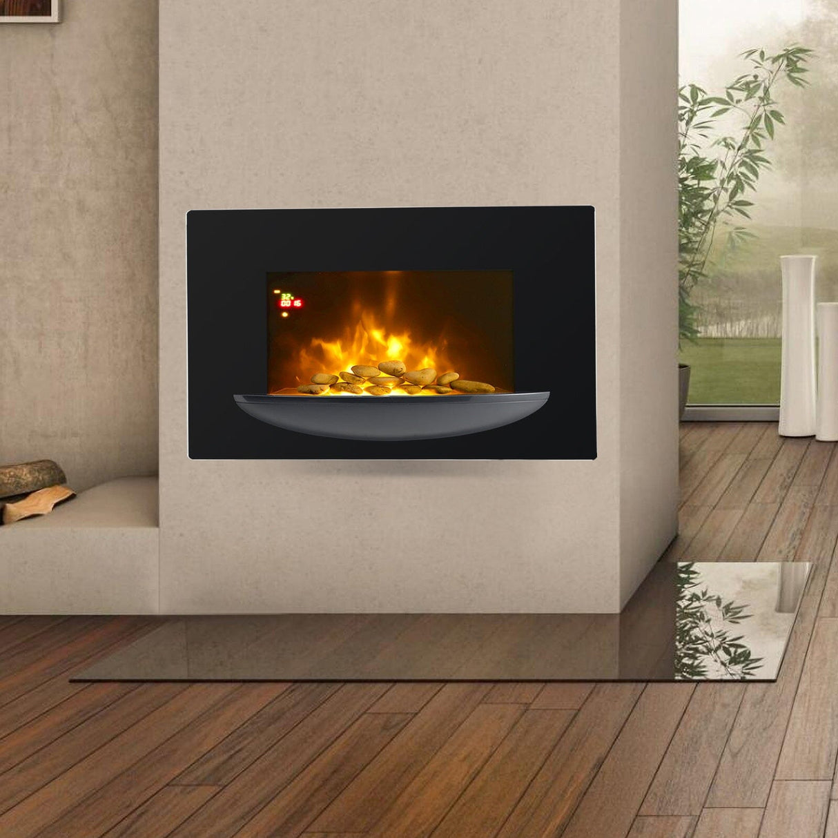 35inch Wall Mounted Electric Fireplace with Pebble Bowl 7 LED Flame Colours Wall Mounted Fireplaces Living and Home 