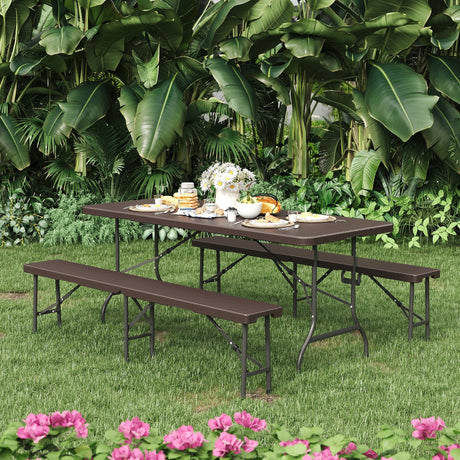 3-Piece Rattan Plastic Outdoor Folding Table Bench Set Garden Dining Sets Living and Home Set 