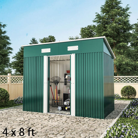 4 x 6 ft / 4 x 8 ft Steel Garden Shed with Skillion Roof Top Steel Black/Green Garden Sheds Living and Home Green 4' x 8' ft 