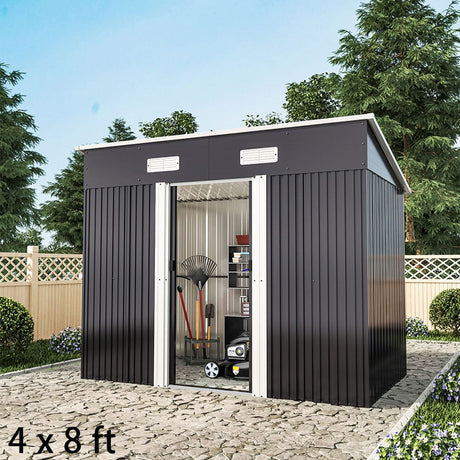 4 x 6 ft / 4 x 8 ft Steel Garden Shed with Skillion Roof Top Steel Black/Green Garden Sheds Living and Home Black 4' x 8' ft 