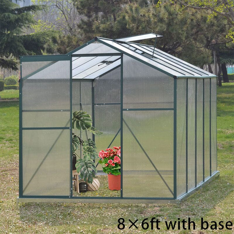 4×6 ft/ 6×6 ft/ 8×6 ft/ 10×6 ft Garden Greenhouse Green Framed with Vent Greenhouses Living and Home 8' × 6' ft With Base 