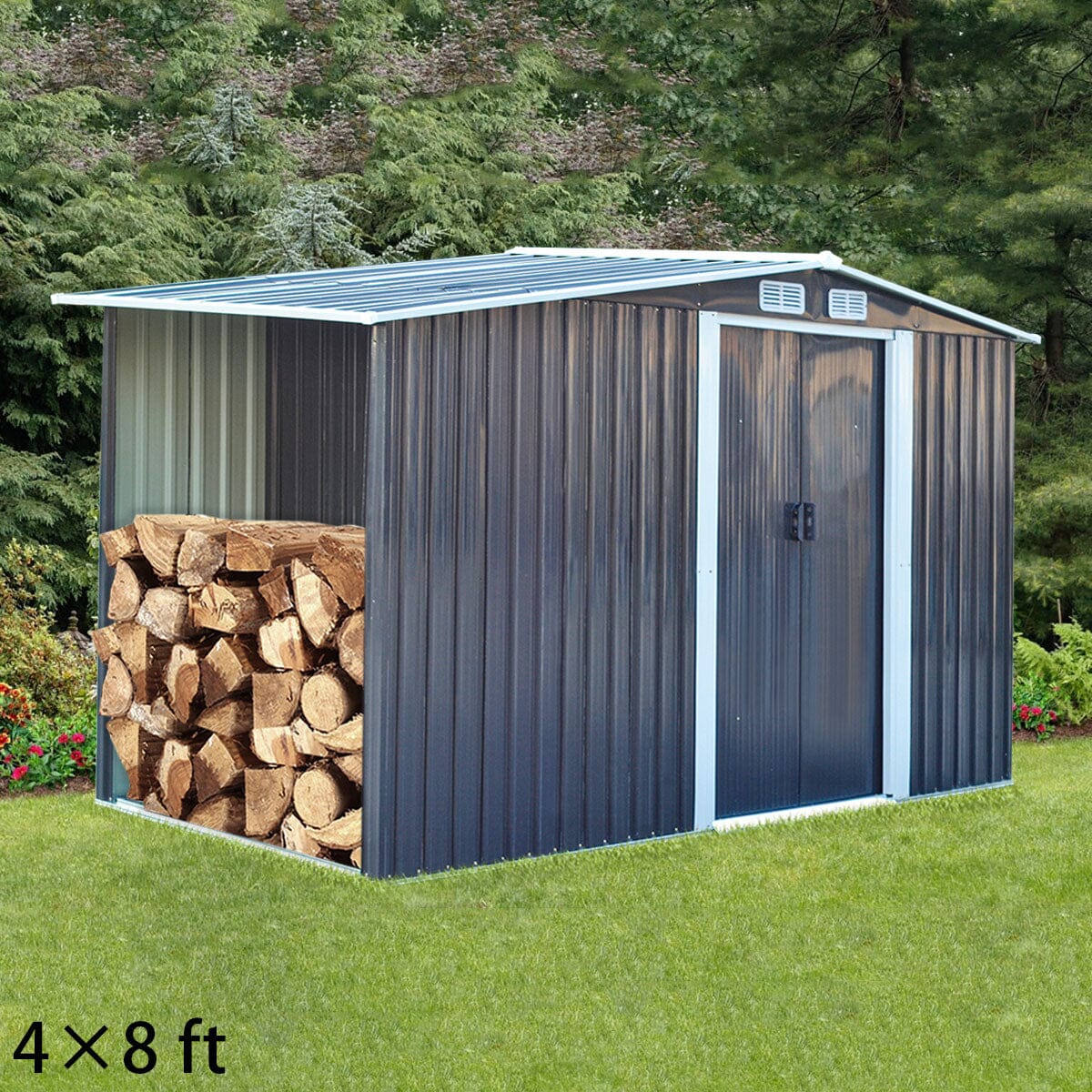 4×8/ 6×8 / 8×8/ 10×8ft Steel Garden Storage Bike Shed with Gable Roof Top Air Circulation Design Garden Sheds Living and Home 4x8 ft 