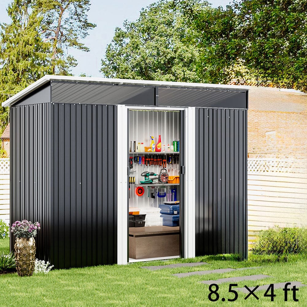 8.5X4ft/ 8.5X6ft Metal Garden Bike Sheds Storage Shed with Lockable Sliding Doors Garden Sheds Living and Home 8.5X4ft 