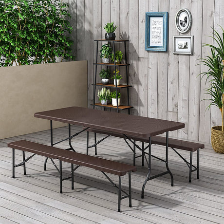 3-Piece Rattan Plastic Outdoor Folding Table Bench Set Garden Dining Sets Living and Home Bench 