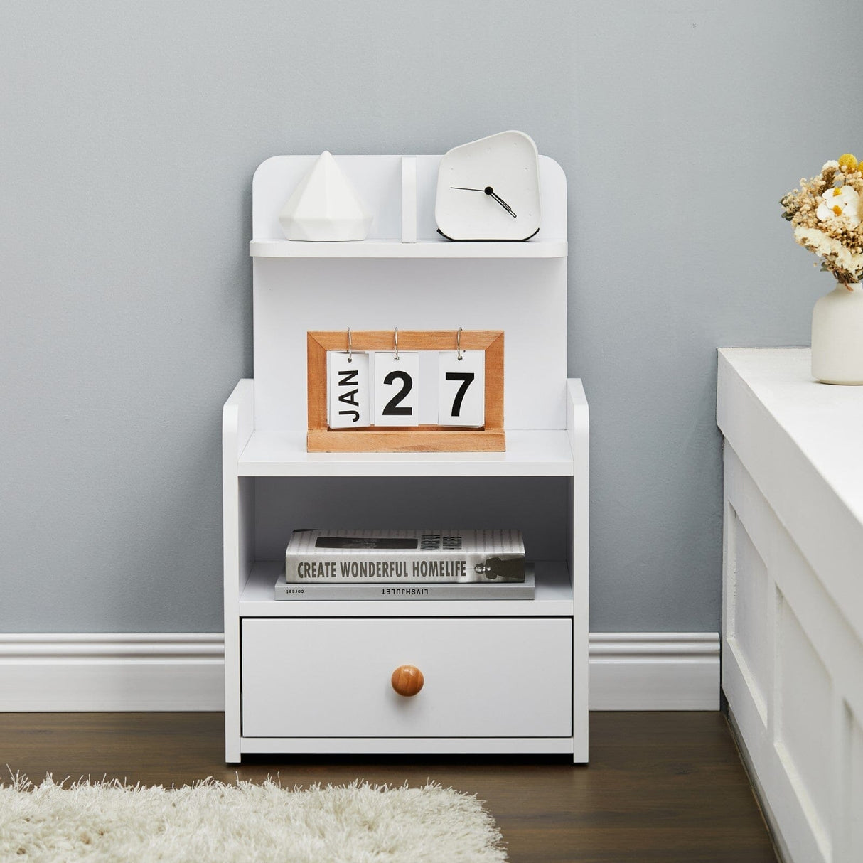 Minimalist Black/White Wooden Bedside Table with Drawers Cabinets Living and Home 1 Drawer White 