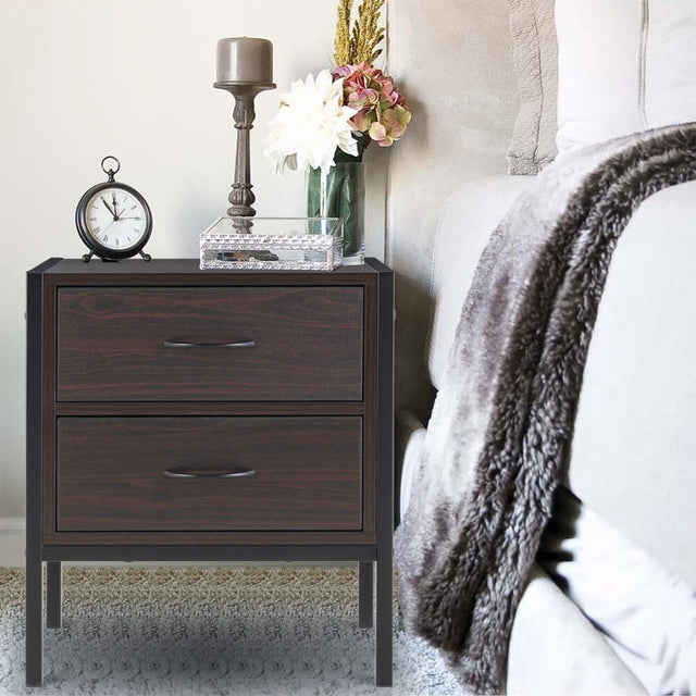 Retro Style Wooden Bedside Cabinet Metal Frame Nightstand with 2 Drawers Cabinets Living and Home 