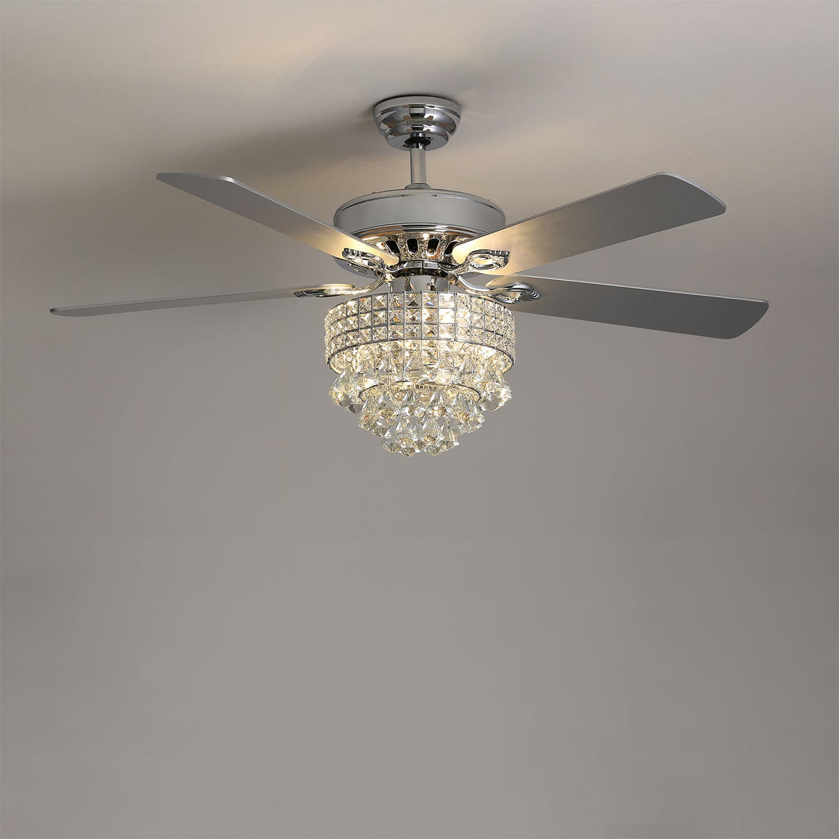 Chrome Ceiling Fan 5 Blades LED Crystal Chandelier & Remote Control 52Inch Ceiling Light Living and Home 