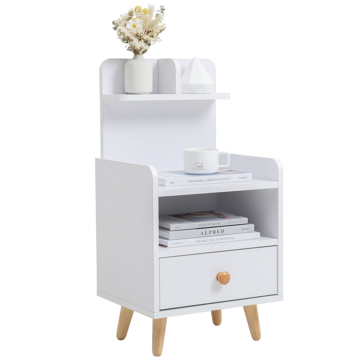 White Wooden Bedside Table with Wooden Legs and Drawers Cabinets Living and Home 