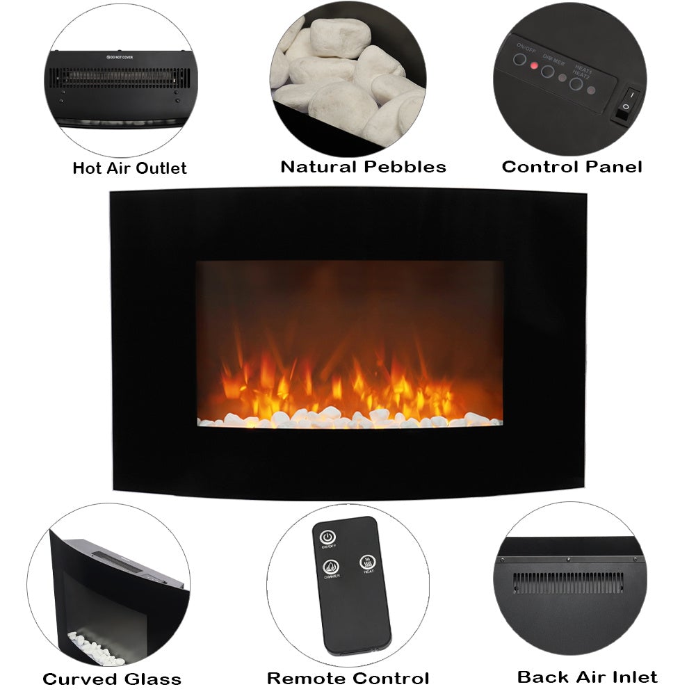 35 Inch Wall Mounted Curved LED Electric Fireplace Tempered Glass Black Fireplaces Living and Home 