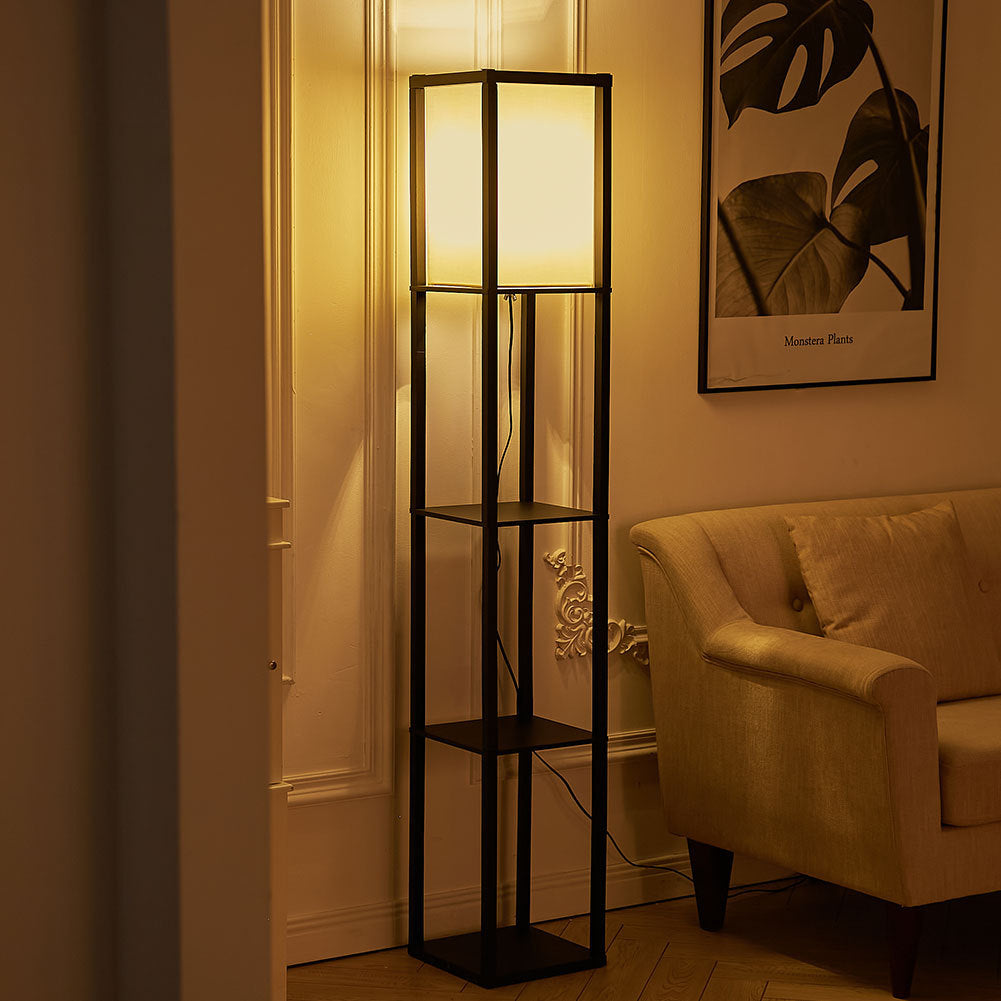 Wooden Floor Lamp with Shelves 3 Layers Open Storage Shelves Lighting Living and Home 