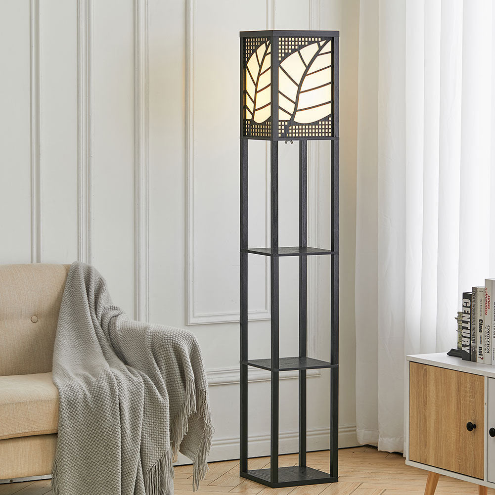 Modern Floor Lamp with Linen Shade Wood Leaf Patterned 3 Layers Towered Lamp Floorlamp Living and Home 