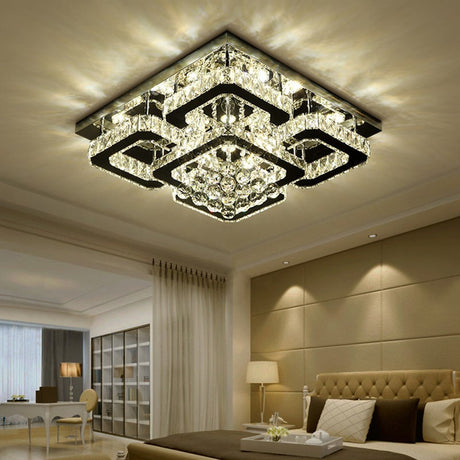 Square LED Ceiling Light with Crystal Heads Ceiling Light Living and Home W 50 x L 50 x H 21 cm Dimmable Warm Glow