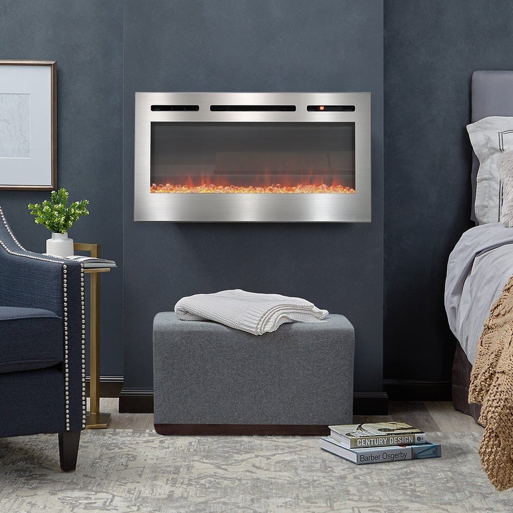 Silver 2kW Electric Fireplace 12 Flame Colour Recessed Fire with 2 Heat Settings Wall Mounted Fires Living and Home 