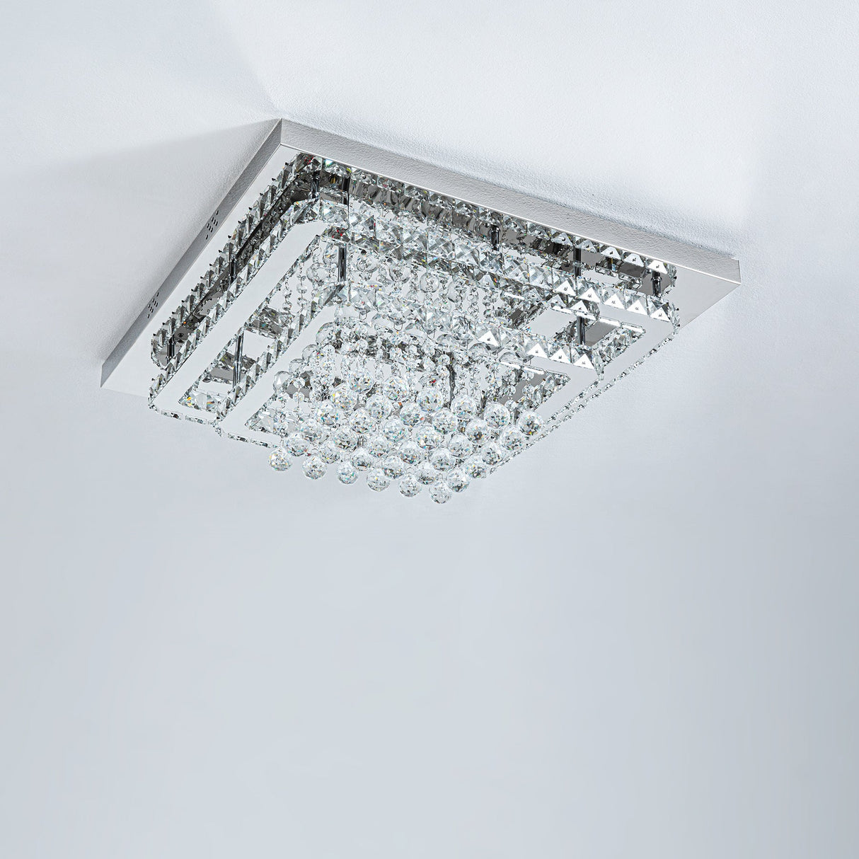 Double Layer Chrome Finished Square LED Ceiling Light with Luxury Crystal Ball Drops Ceiling Light Fixtures Living and Home 