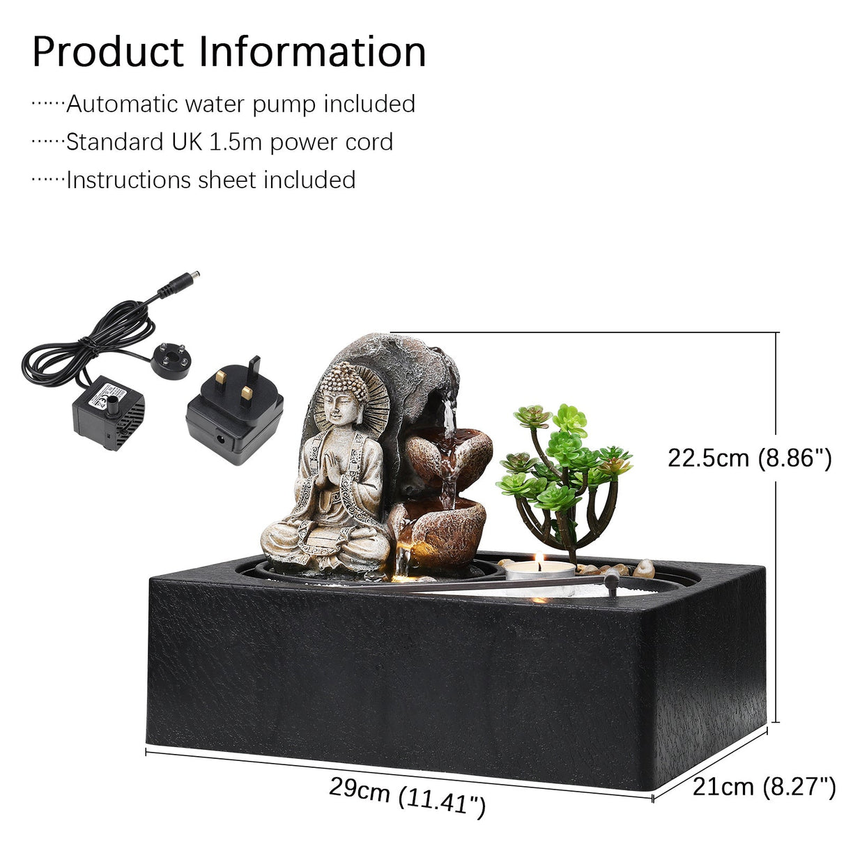 Buddha Zen Tabletop Fountain with LED Light, Tealight Holder and Succulent Fountains & Waterfalls Living and Home 