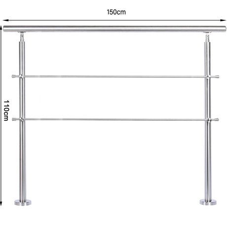 150cm Wide Silver Floor Mount Stainless Steel Handrail for Slopes and Stairs Garden Fences & Wall Hedges Living and Home With 2 Cross Bars 