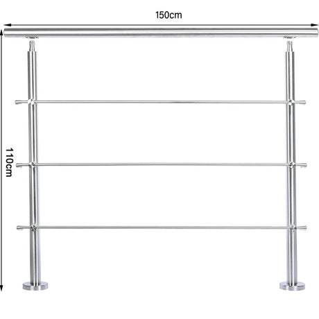 150cm Wide Silver Floor Mount Stainless Steel Handrail for Slopes and Stairs Garden Fences & Wall Hedges Living and Home With 3 Cross Bars 