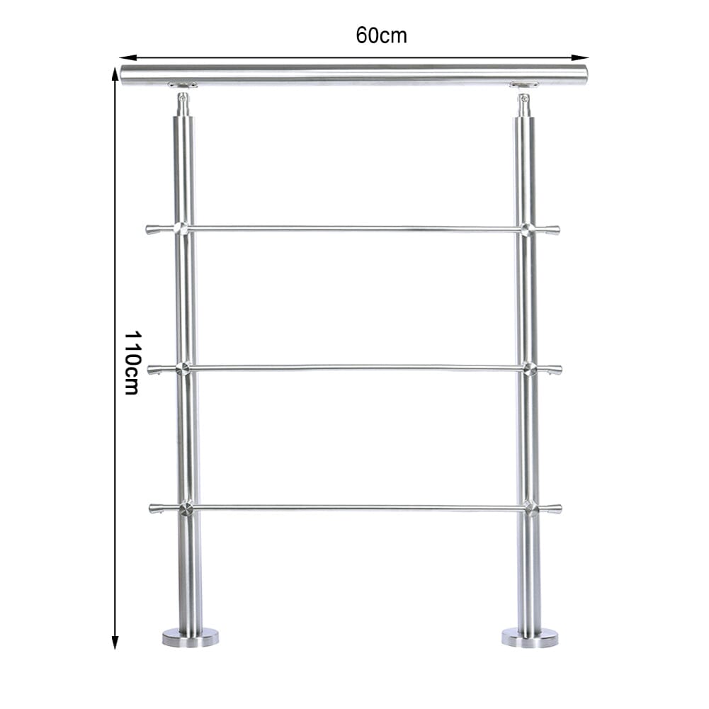 60cm Wide Silver Floor Mount Stainless Steel Handrail for Slopes and Stairs Garden Fences & Wall Hedges Living and Home With 3 Cross Bars 