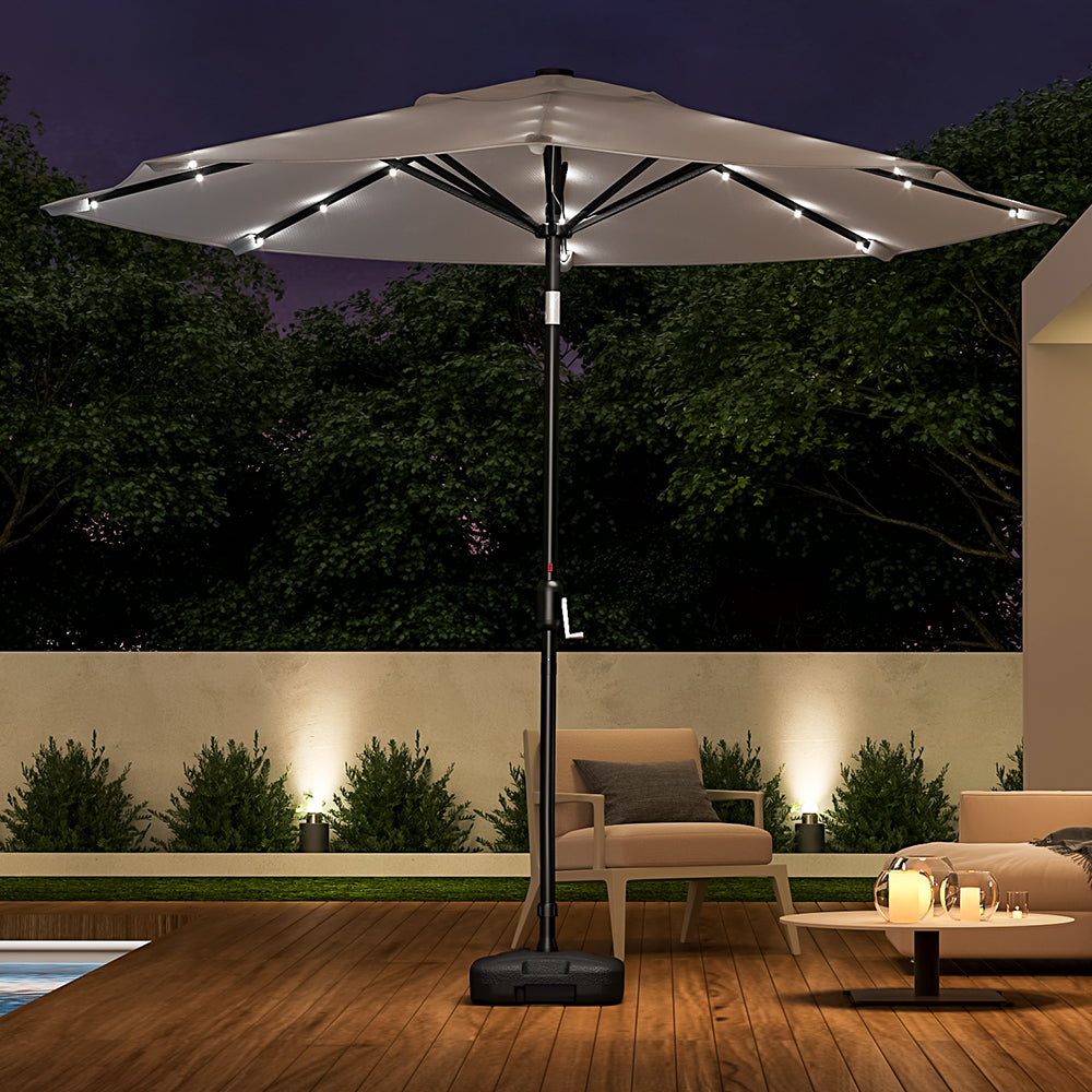 Light Grey 3m Iron Garden Parasol Sun Umbrella With Solar LED Lights Parasols & Rain Umbrellas Living and Home 