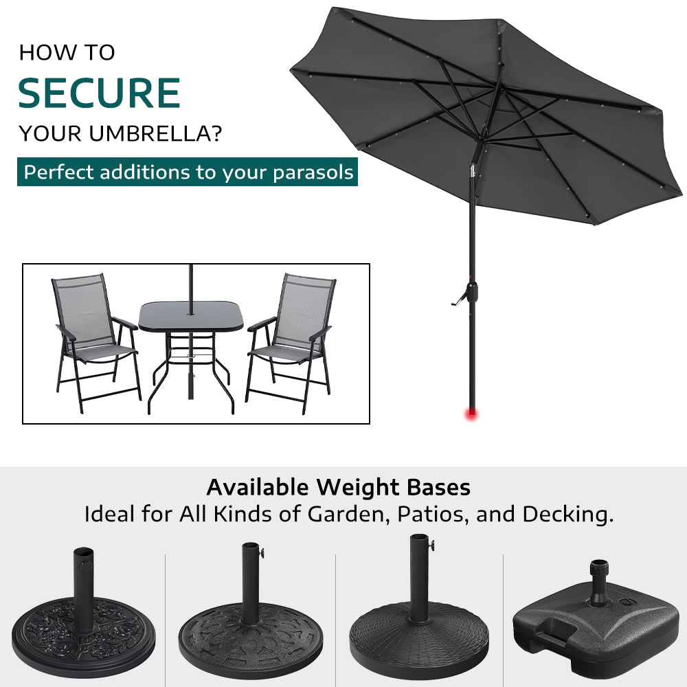 Black 3m Iron Garden Parasol Sun Umbrella With Solar LED Lights Parasols & Rain Umbrellas Living and Home 