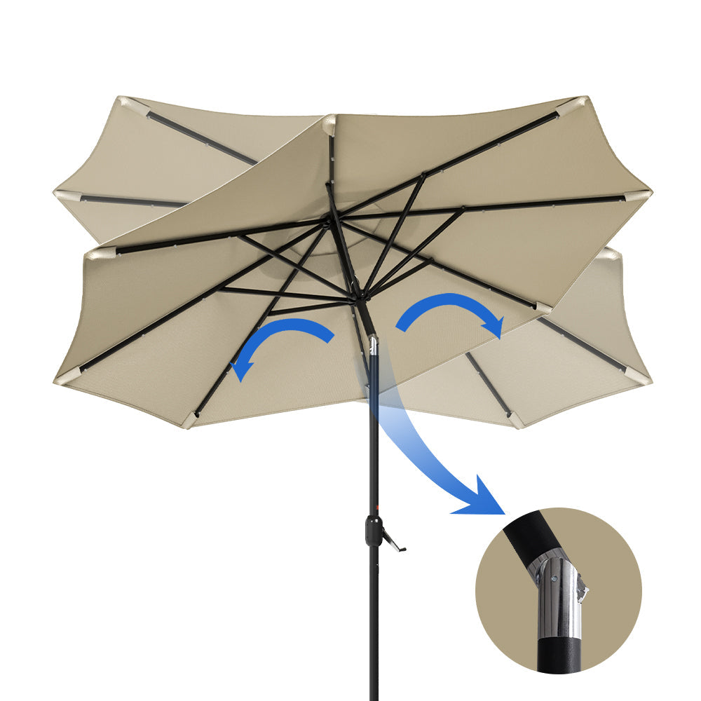 Beige 3m Patio Garden Parasol Sun Umbrella Sunshade Canopy With Solar LED Lights Parasols & Rain Umbrellas Living and Home 