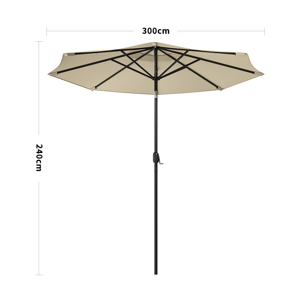 Beige 3m Patio Garden Parasol Sun Umbrella Sunshade Canopy With Solar LED Lights Parasols & Rain Umbrellas Living and Home Only parasol 