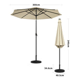 Beige 3m Patio Garden Parasol Sun Umbrella Sunshade Canopy With Solar LED Lights Parasols & Rain Umbrellas Living and Home Circle Effect 14KG Resin tank base 