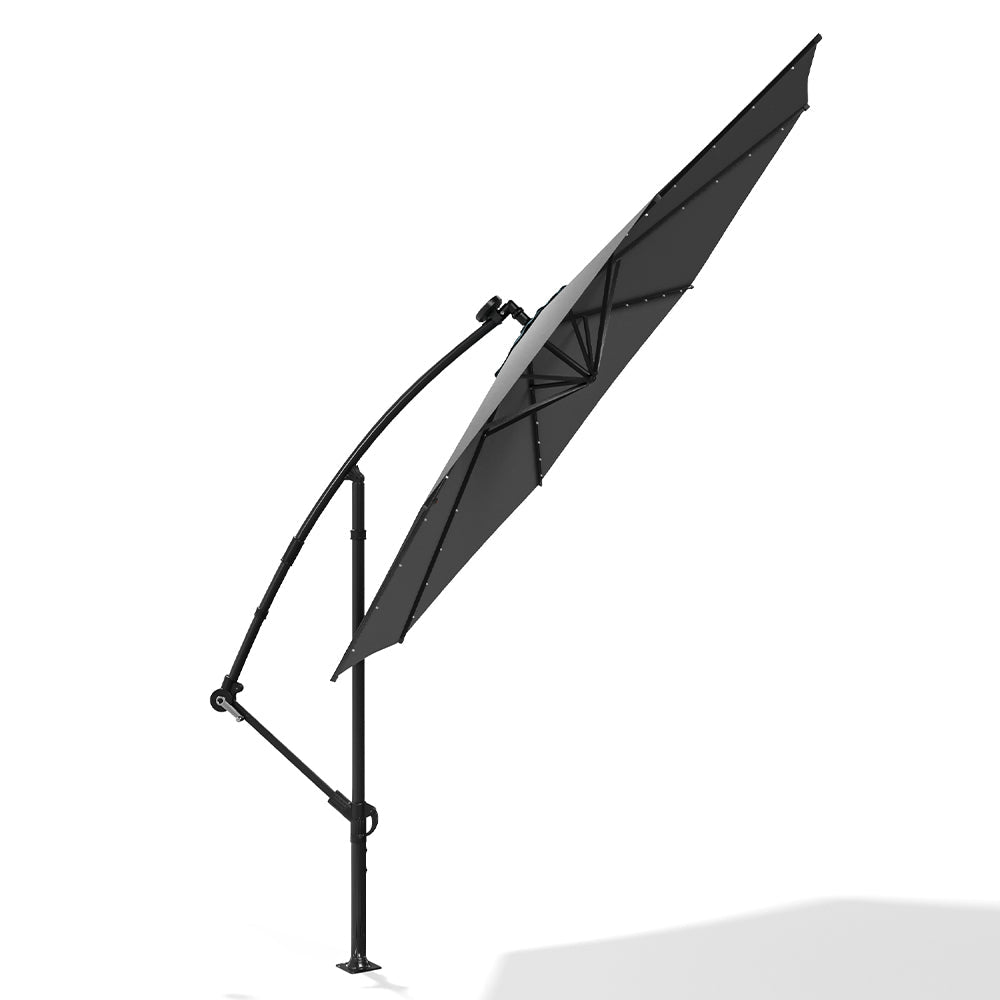 Black 3m Iron Banana Umbrella Cantilever Garden Parasols with LED Lights Parasols & Rain Umbrellas Living and Home 