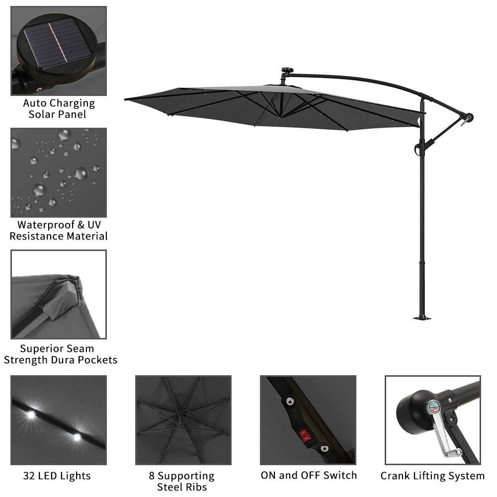 Black 3m Iron Banana Umbrella Cantilever Garden Parasols with LED Lights Parasols & Rain Umbrellas Living and Home 