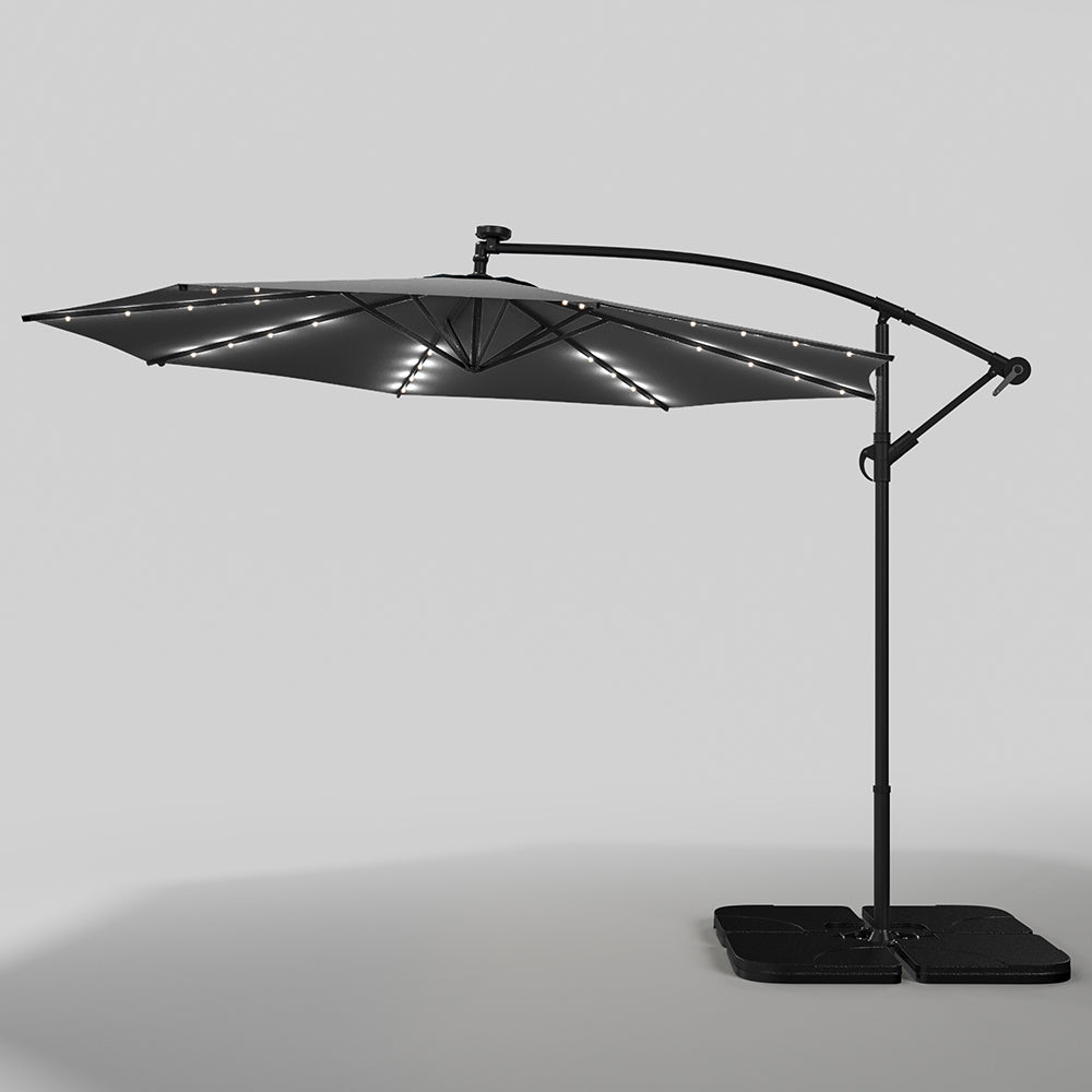 Black 3m Iron Banana Umbrella Cantilever Garden Parasols with LED Lights Parasols & Rain Umbrellas Living and Home 