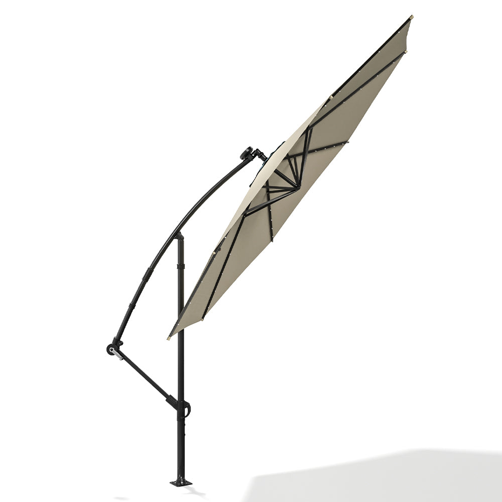 Beige 3m Iron Banana Umbrella Cantilever Garden Parasols with LED Lights Parasols & Rain Umbrellas Living and Home 