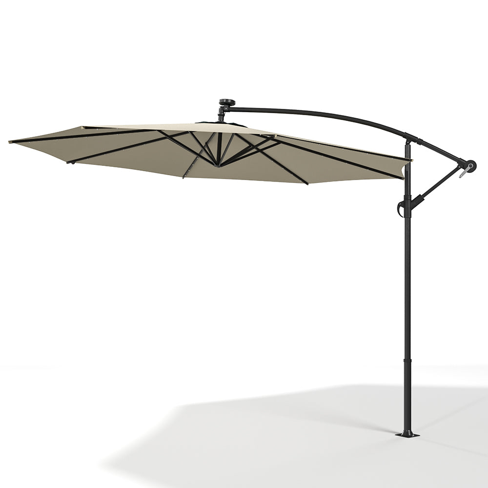 Beige 3m Iron Banana Umbrella Cantilever Garden Parasols with LED Lights Parasols & Rain Umbrellas Living and Home 