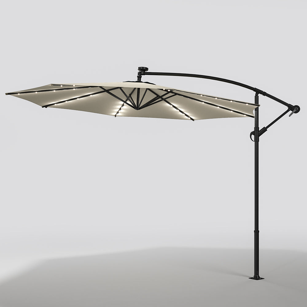 Beige 3m Iron Banana Umbrella Cantilever Garden Parasols with LED Lights Parasols & Rain Umbrellas Living and Home 