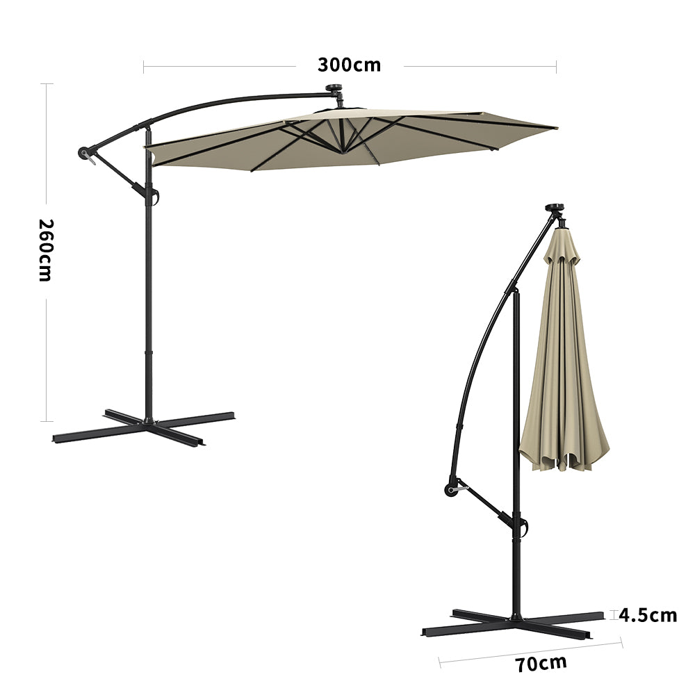 Beige 3m Iron Banana Umbrella Cantilever Garden Parasols with LED Lights Parasols & Rain Umbrellas Living and Home Cross Base 