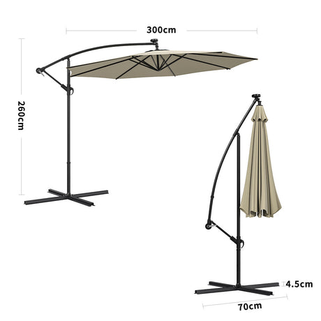 Beige 3m Iron Banana Umbrella Cantilever Garden Parasols with LED Lights Parasols & Rain Umbrellas Living and Home Cross Base 