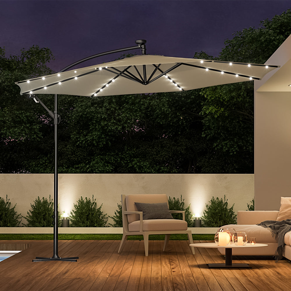 Beige 3m Iron Banana Umbrella Cantilever Garden Parasols with LED Lights Parasols & Rain Umbrellas Living and Home 