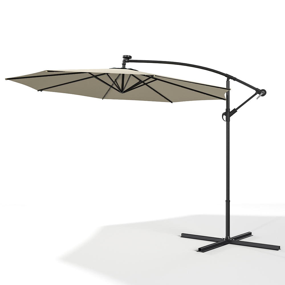 Beige 3m Iron Banana Umbrella Cantilever Garden Parasols with LED Lights Parasols & Rain Umbrellas Living and Home 