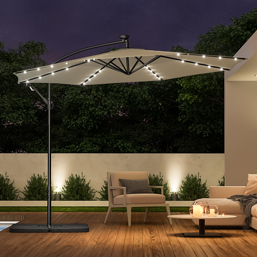 Beige 3m Iron Banana Umbrella Cantilever Garden Parasols with LED Lights Parasols & Rain Umbrellas Living and Home 