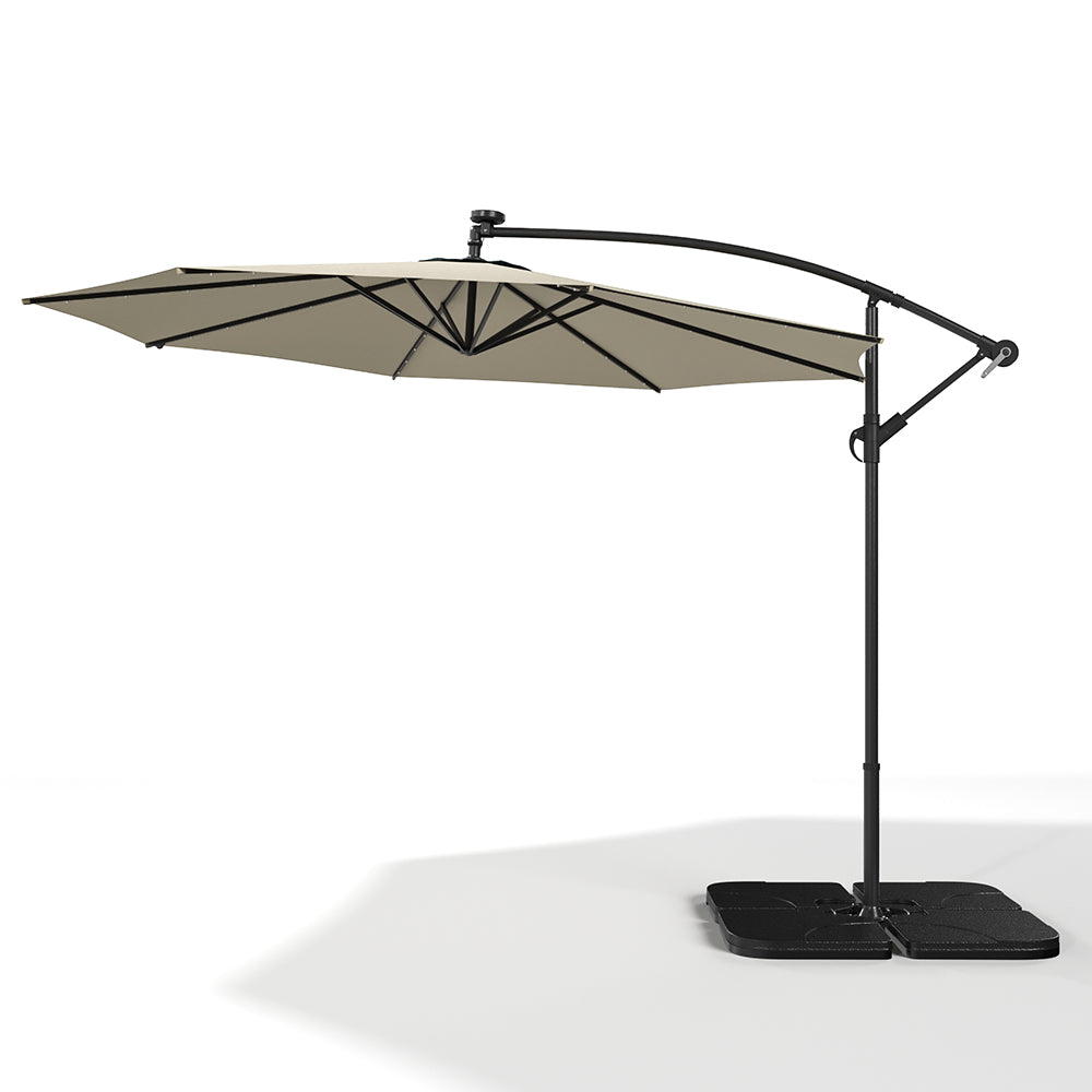 Beige 3m Iron Banana Umbrella Cantilever Garden Parasols with LED Lights Parasols & Rain Umbrellas Living and Home 